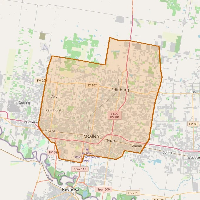 TANK’D residential and fleet delivery zone around McAllen and Edinburg, outlined in orange